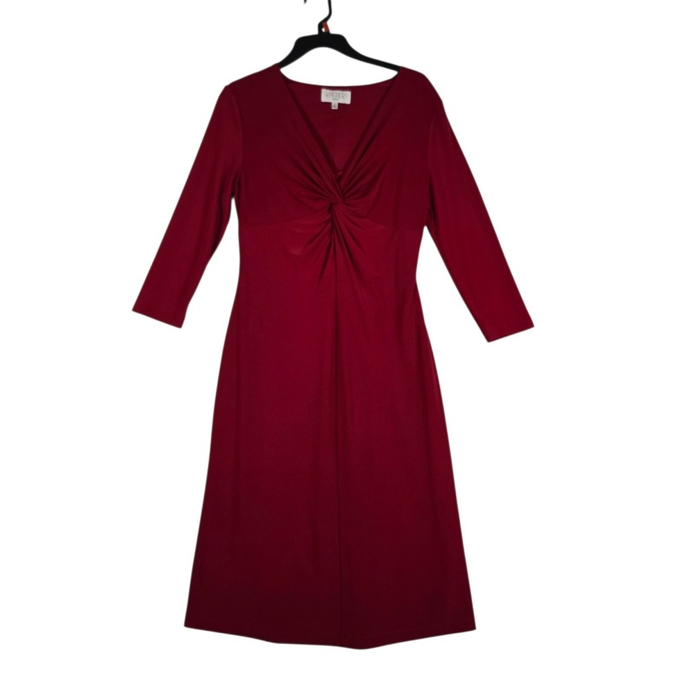 Kasper Midi Dress Womens 6 Solid Deep Red 3/4 Sleeve V Neck Silky Knit Stretch